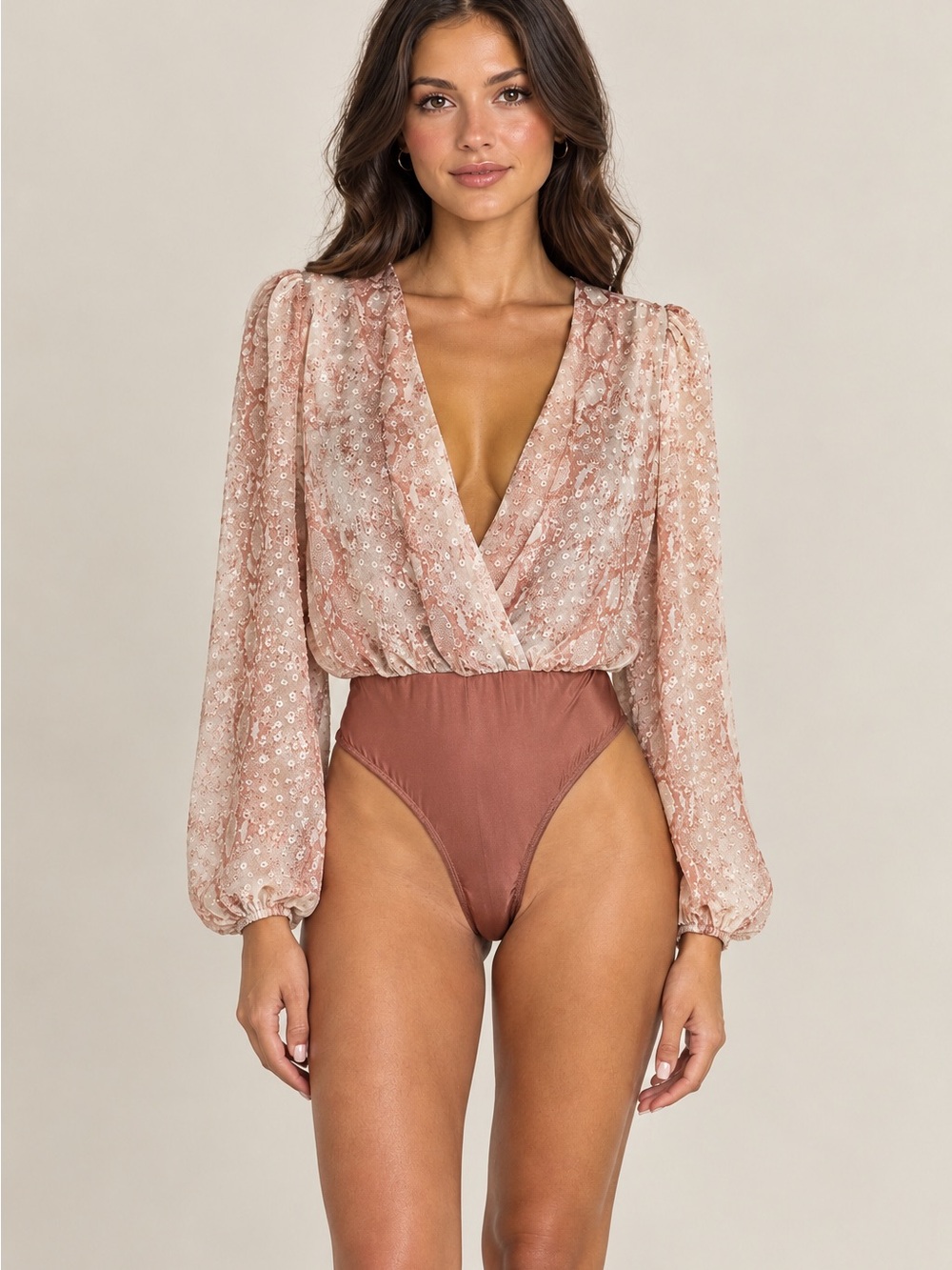 Delicate Plunge Floral Blouson Bodysuit in Dusty Rose